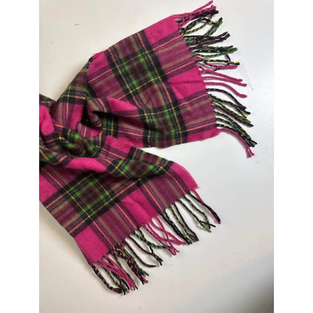 100% Cashmere Plaid Fringe Scarf Scotland Pink Green Womens Soft Bright Y2K